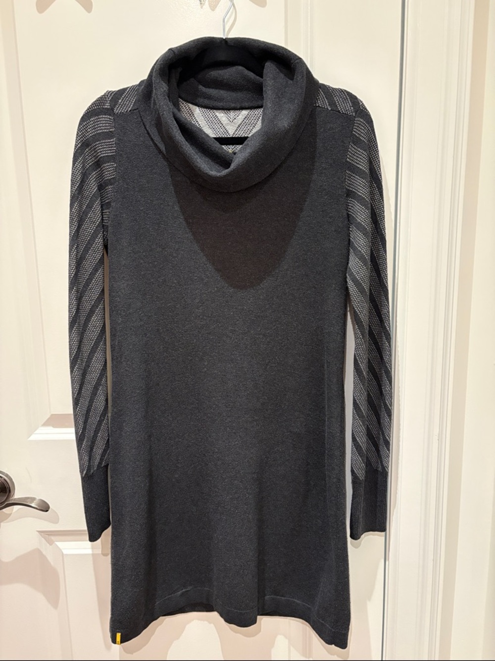 Lole Charcoal Cowl Neck Sweater Dress with Patterned Open Weave Sleeves